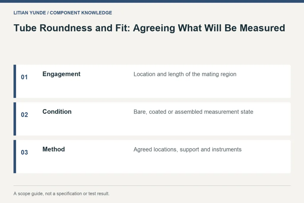 Scope guide: Engagement: Location and length of the mating region; Condition: Bare, coated or assembled measurement state; Method: Agreed locations, support and instruments