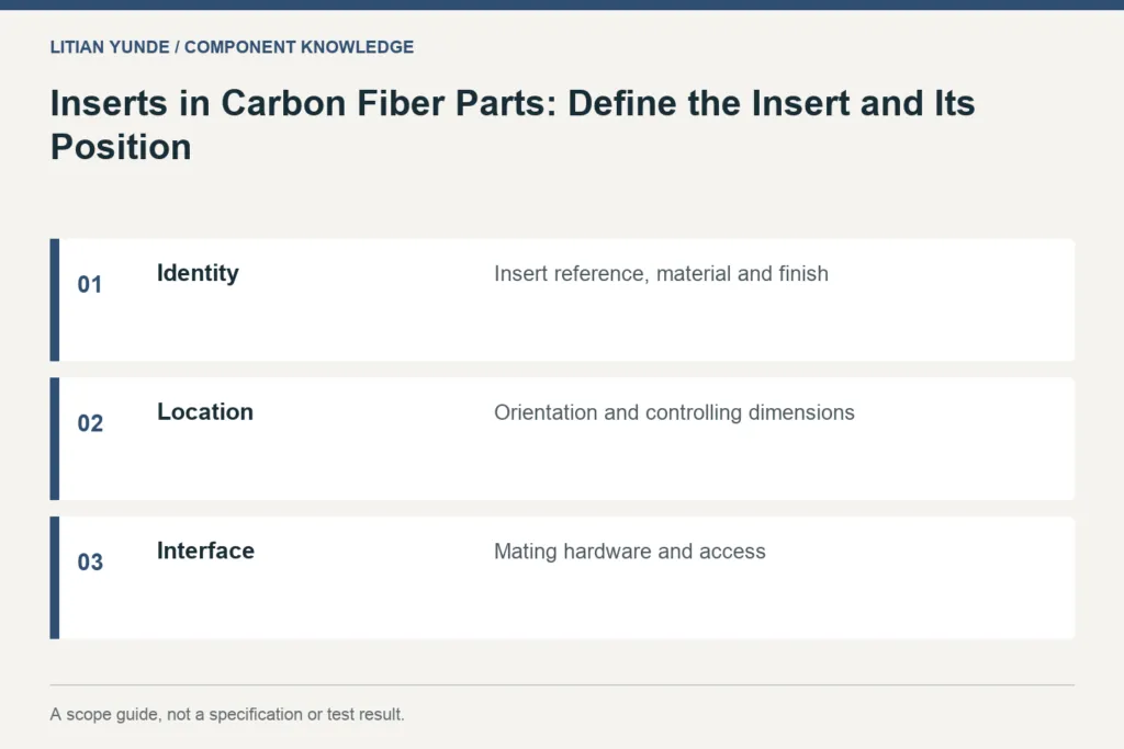 Scope guide: Identity: Insert reference, material and finish; Location: Orientation and controlling dimensions; Interface: Mating hardware and access