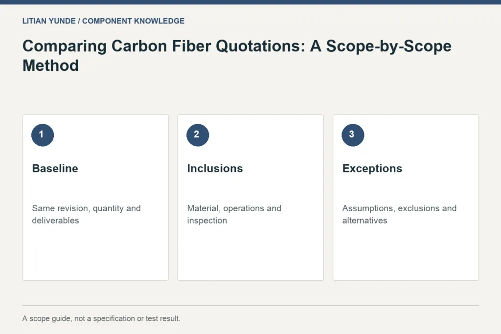 Scope guide: Baseline: Same revision, quantity and deliverables; Inclusions: Material, operations and inspection; Exceptions: Assumptions, exclusions and alternatives