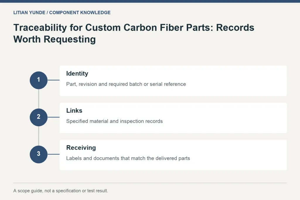 Scope guide: Identity: Part, revision and required batch or serial reference; Links: Specified material and inspection records; Receiving: Labels and documents that match the delivered parts